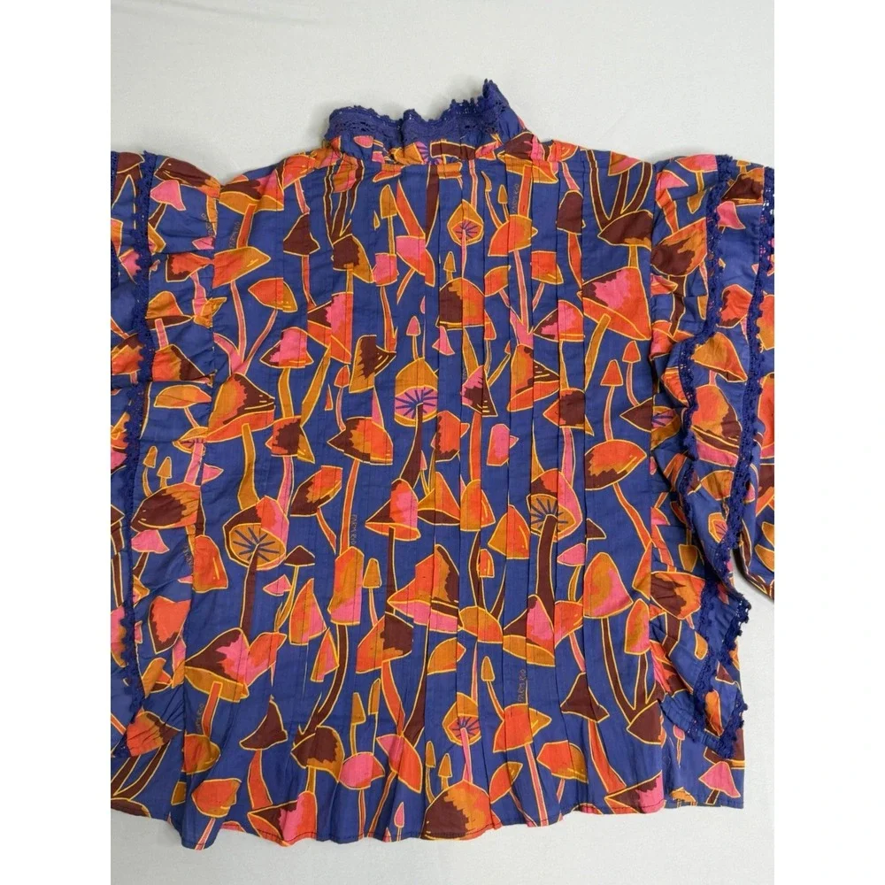 Farm Rio Bright Blue Mushroom Sketch Blouse Buttons M NEW Statement